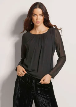 Rundhals-Bluse mit transparenten Ärmeln